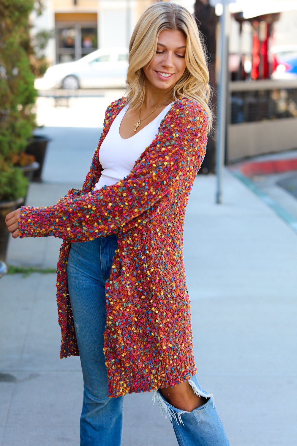 Rust Popcorn Long Sleeve Open Sweater Cardigan