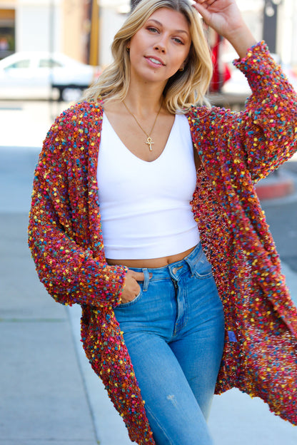 Rust Popcorn Long Sleeve Open Sweater Cardigan