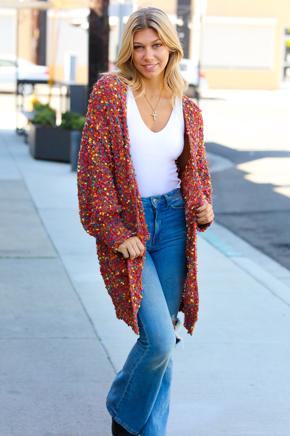 Rust Popcorn Long Sleeve Open Sweater Cardigan