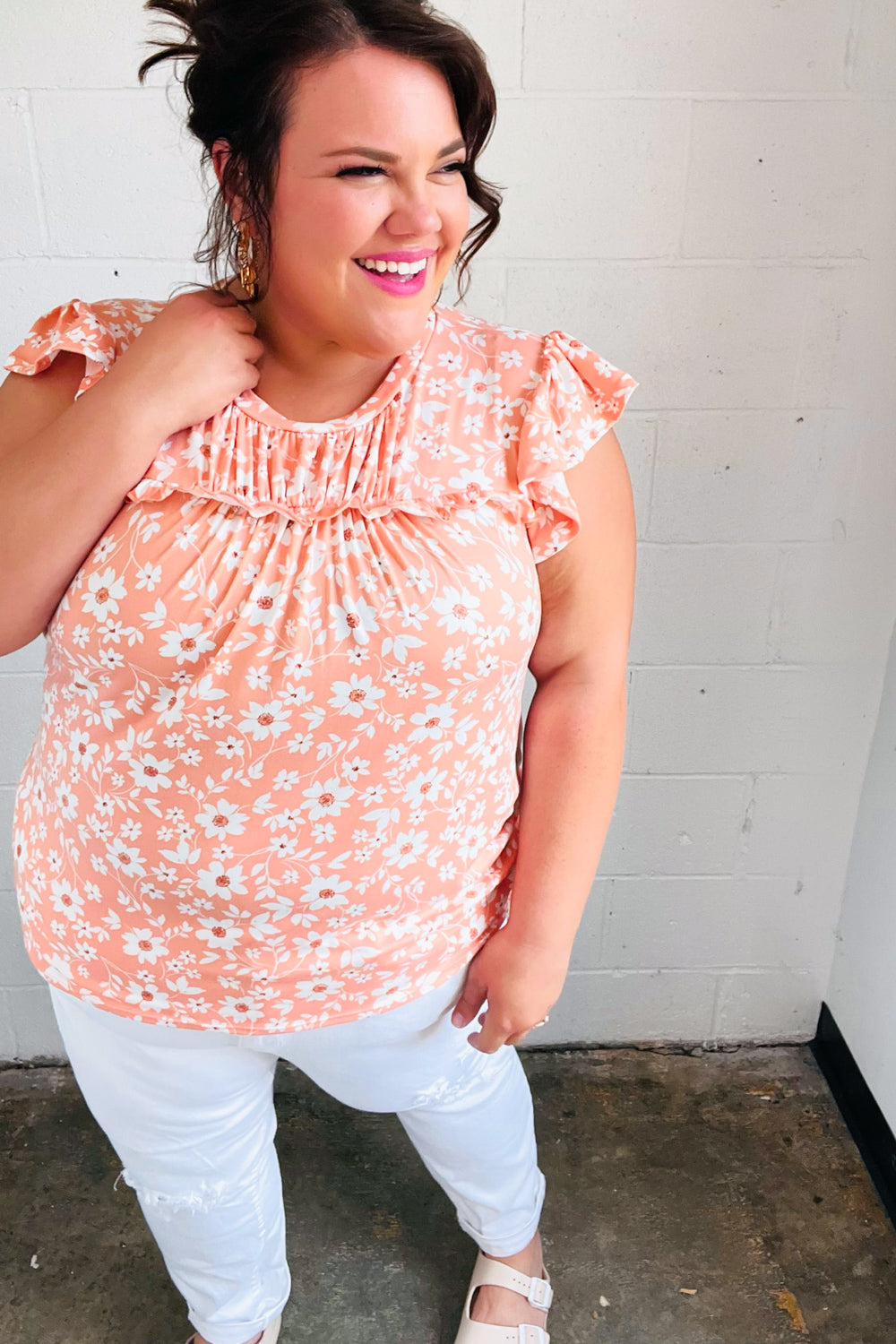 Peach Floral Print Frilled Short Sleeve Yoke Top