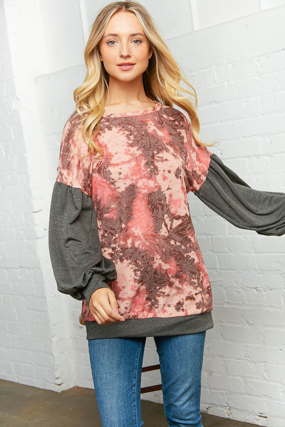 Floral Print Contrast Bubble Sleeve Tunic