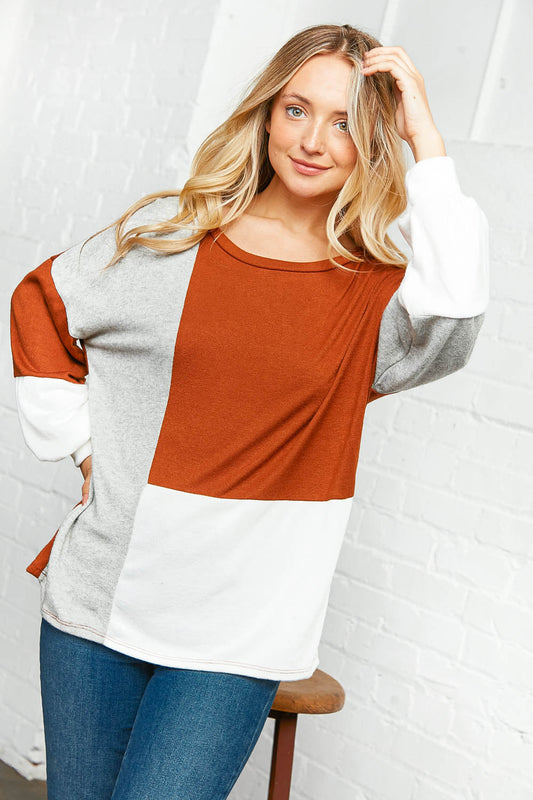 Two Tone Hacci Color Block Sweater Top