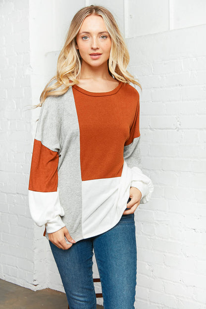 Two Tone Hacci Color Block Sweater Top