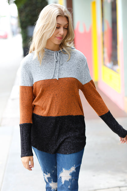 Cozy Up Heather Grey & Rust Color Block Hoodie Top