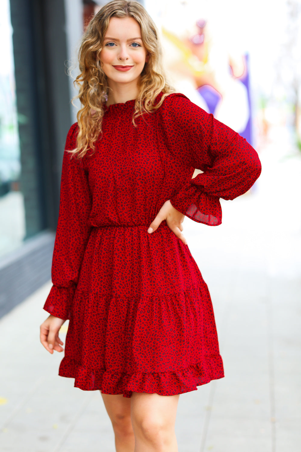 Simply Merry Burnt Red Animal Print Mock Neck Tiered Dress