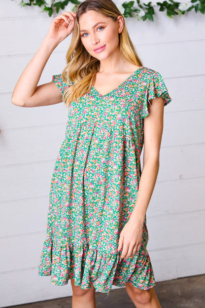 Emerald Green Floral Babydoll Midi Dress