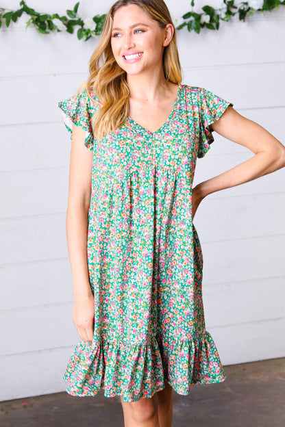 Emerald Green Floral Babydoll Midi Dress