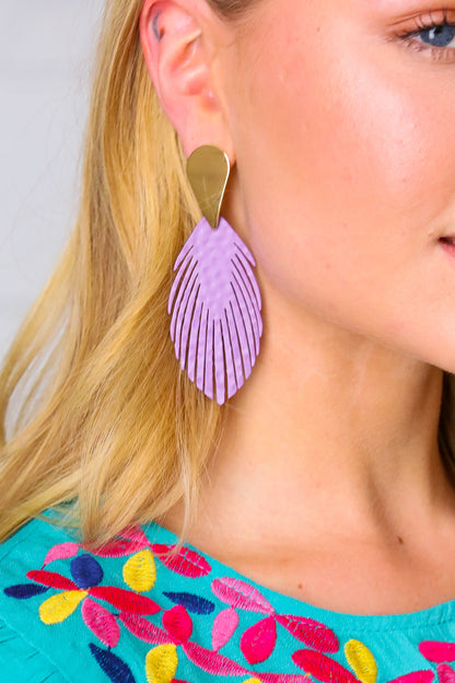 Lilac & Gold Leather Fringe Feather Earrings