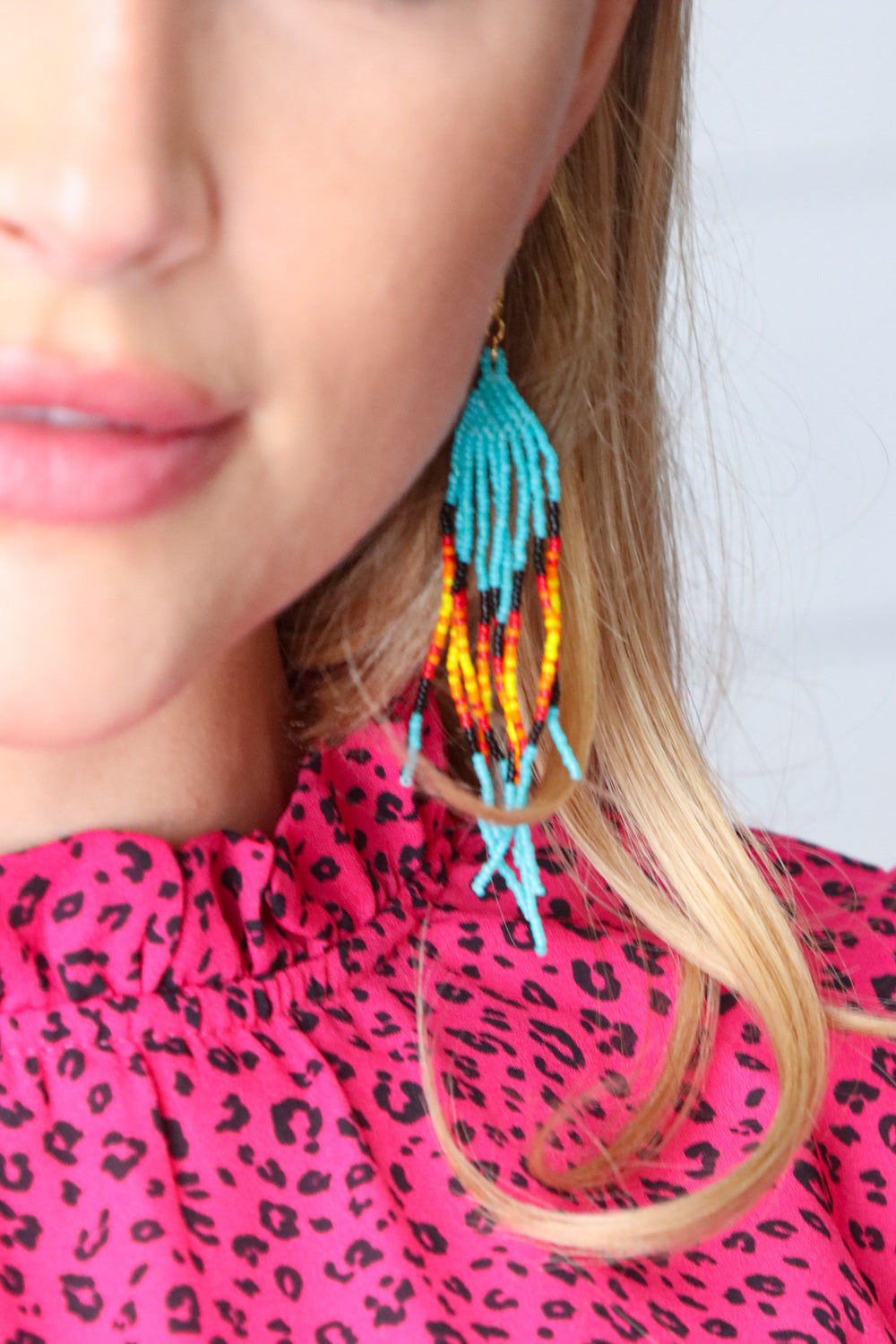 Teal Sunrise Beaded Pyramid Drop Earrings