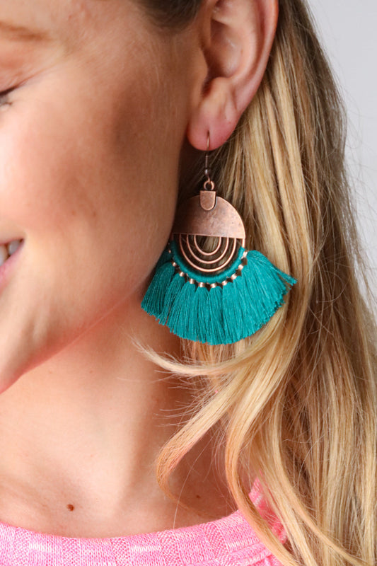 Teal Boho Brass Tassel Drop Earrings