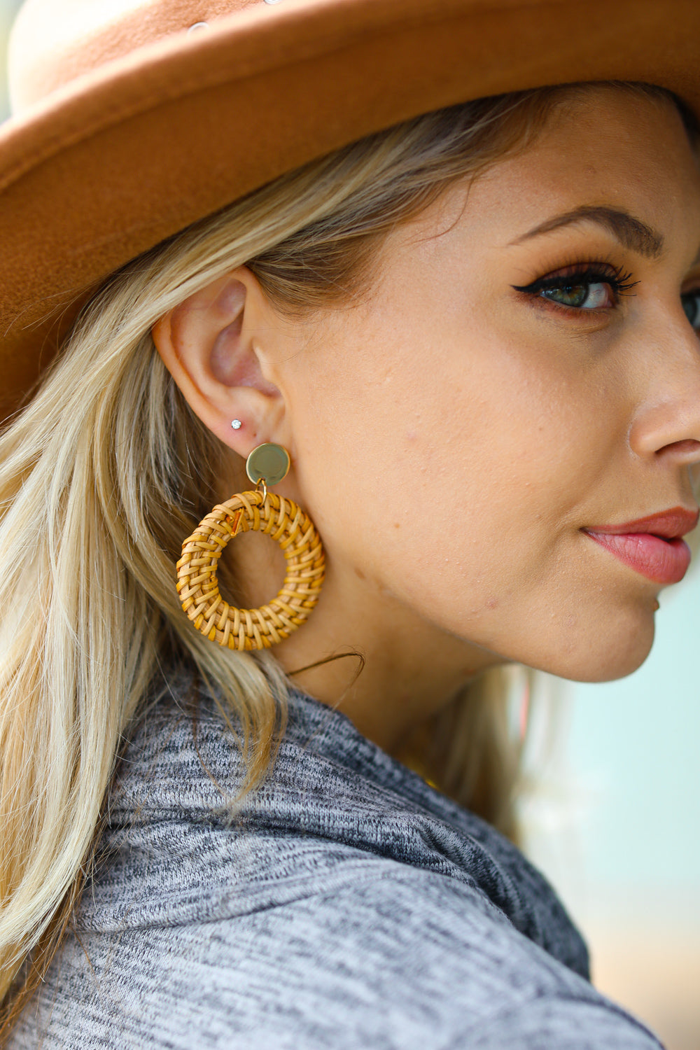 Best of Me Tan & Gold Rattan Circle Earrings