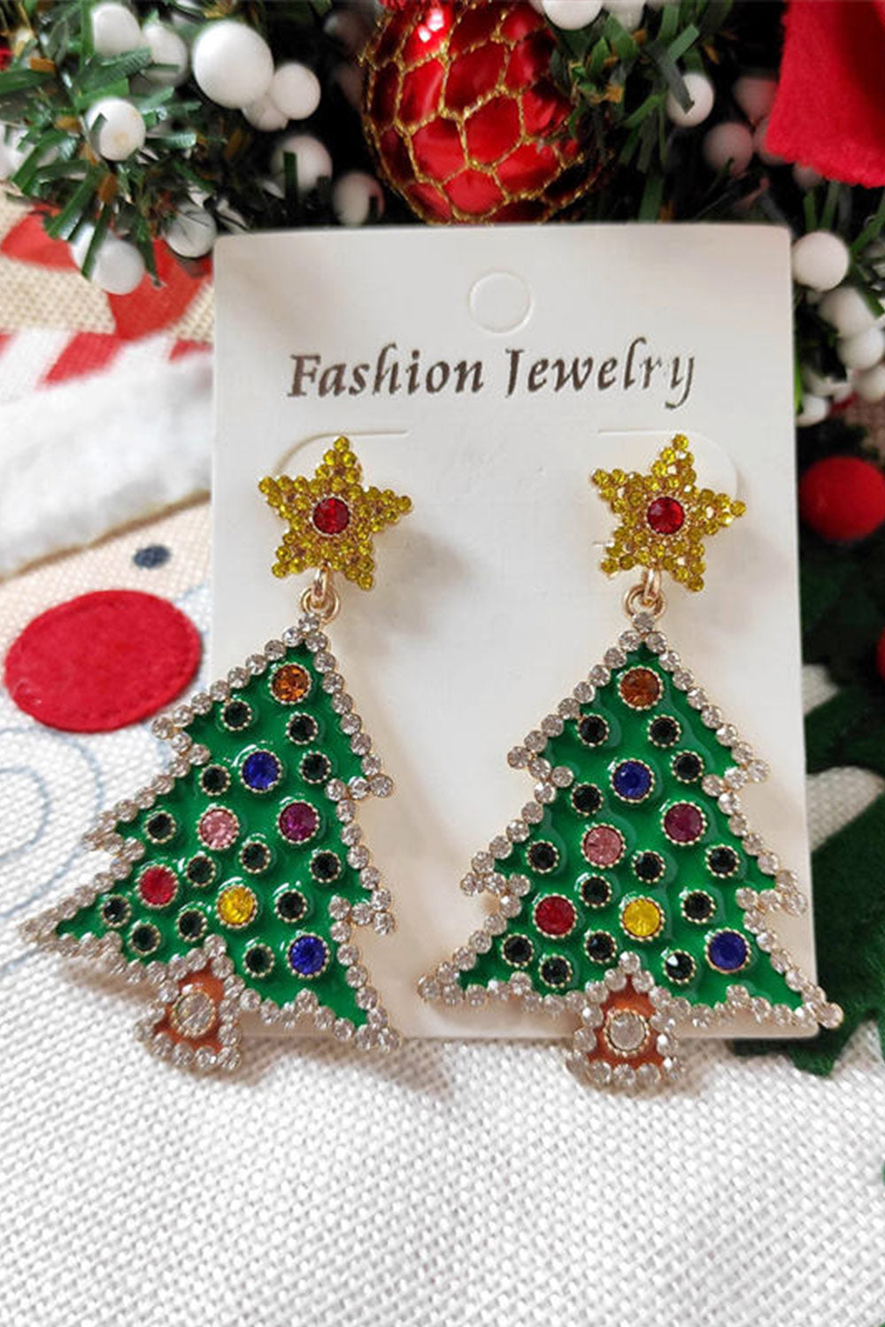 Green Christmas Tree Rhinestone Metal Dangle Earring