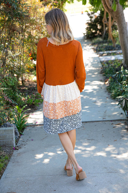 Rust and Floral Tiered Babydoll Pocketed Dress