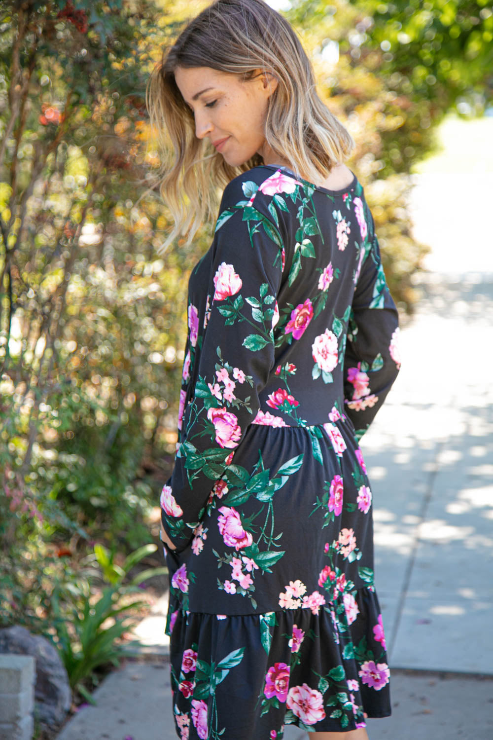 Midnight Floral Tiered Babydoll Dress with Pockets