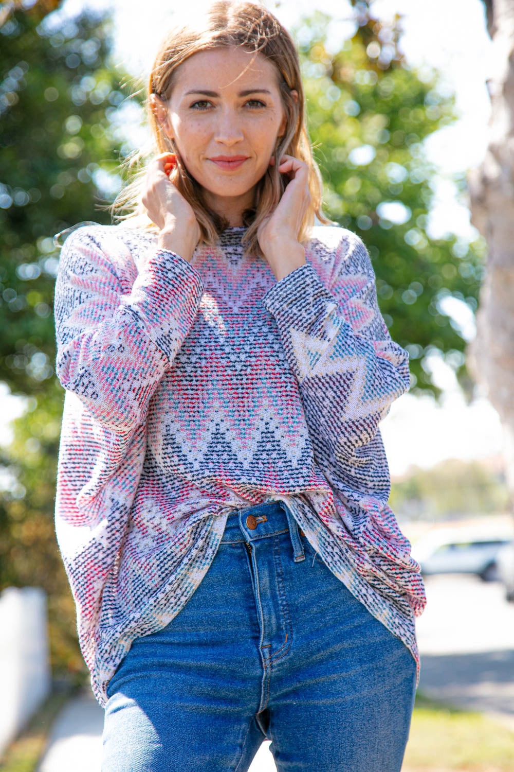 Multicolor Jacquard Chevron Slouchy Knit Top