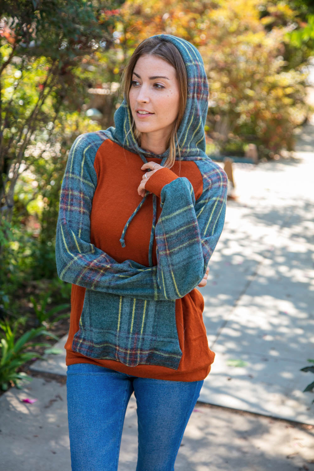 Rust Cashmere Feel Plaid Raglan Hoodie