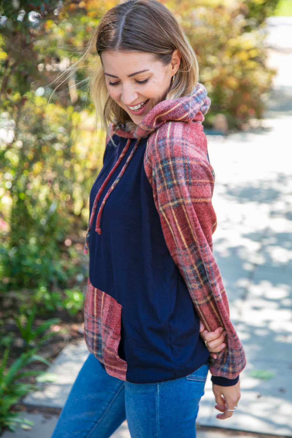 Navy Cashmere Feel Plaid Raglan Hoodie