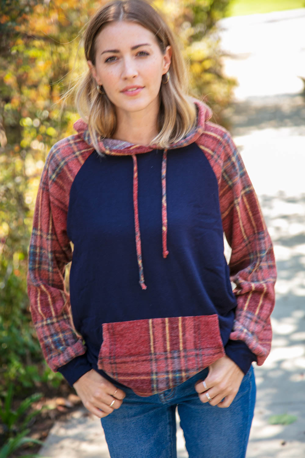 Navy Cashmere Feel Plaid Raglan Hoodie