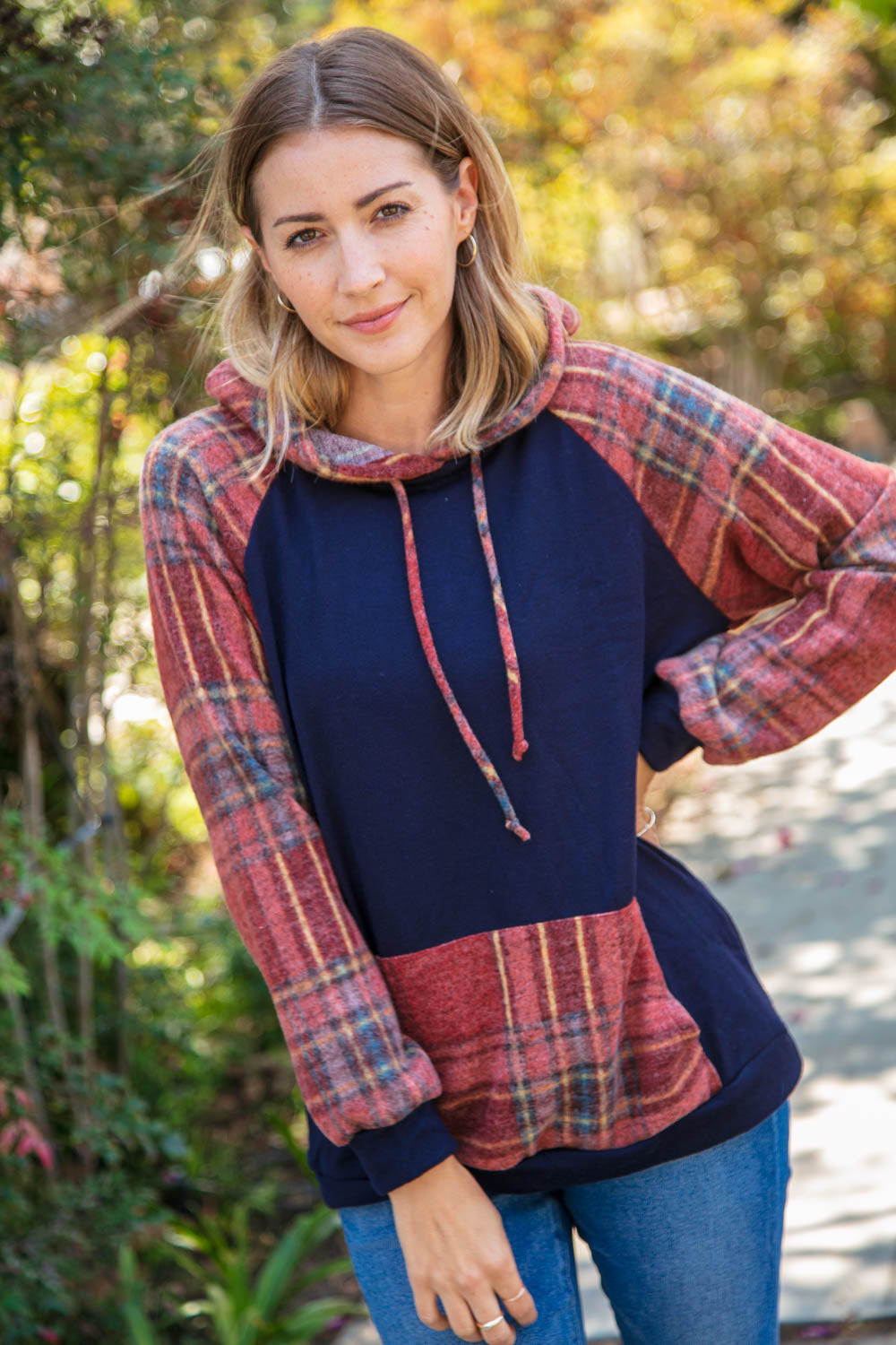 Navy Cashmere Feel Plaid Raglan Hoodie