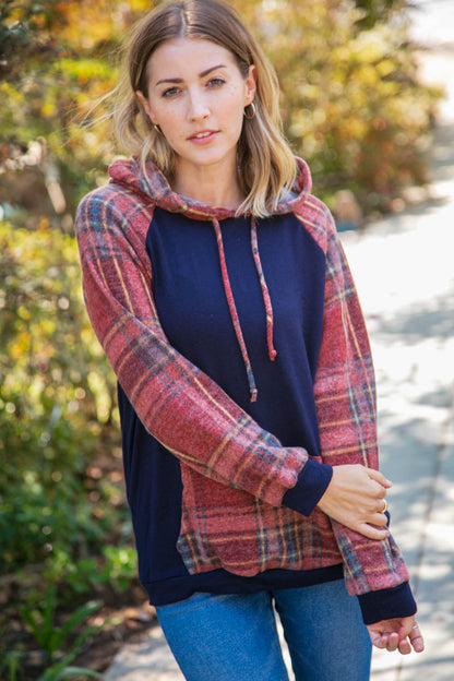 Navy Cashmere Feel Plaid Raglan Hoodie