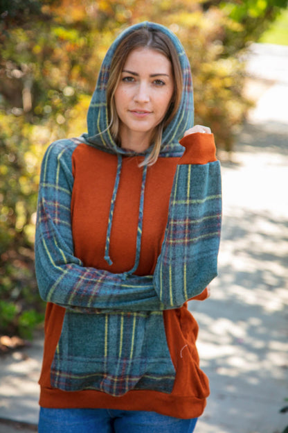 Rust Cashmere Feel Plaid Raglan Hoodie