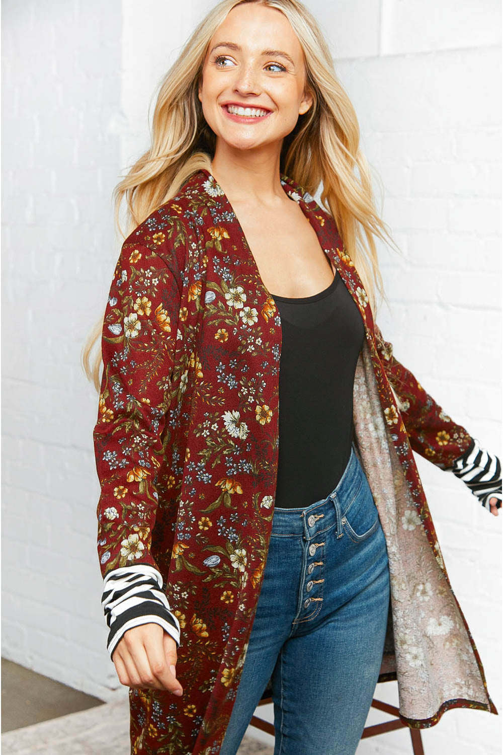 Burgundy Floral Stripe Cardigan with Thumbholes