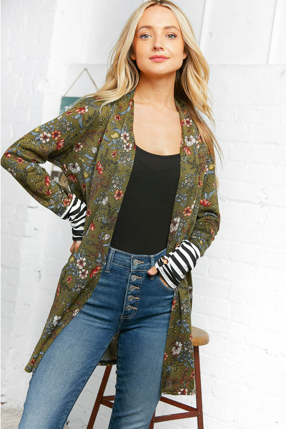 Emerald Floral Stripe Cardigan with Thumbholes