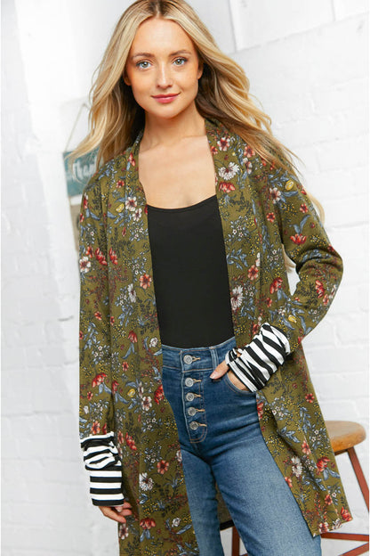 Emerald Floral Stripe Cardigan with Thumbholes