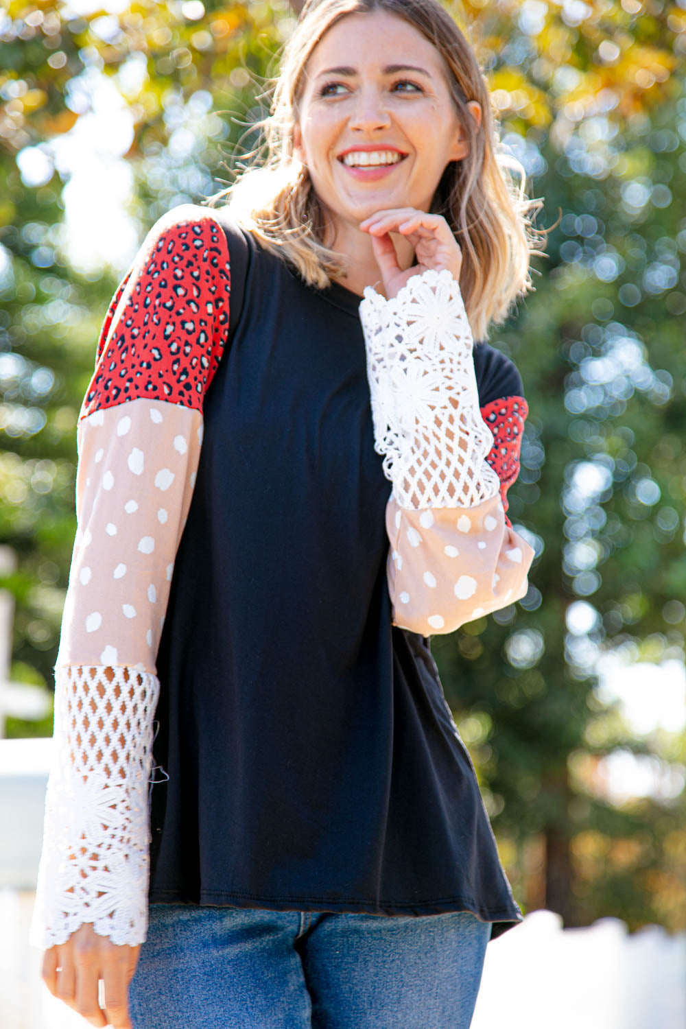 Leopard Color Block Lace Sleeve Knit Top