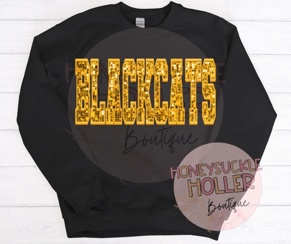 Faux Sequins Embroidered Gold Blackcats