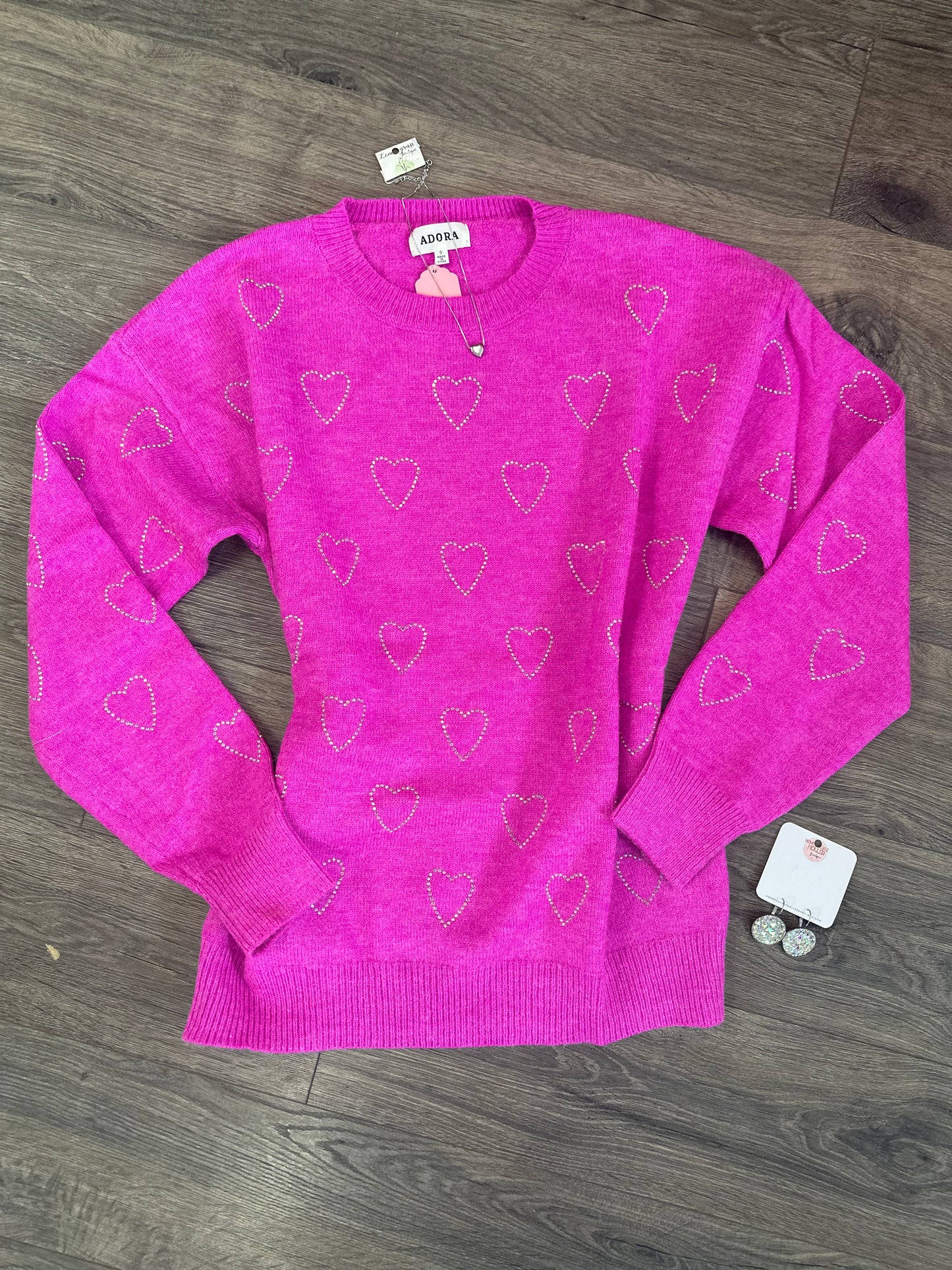 Rhinestone Heart Sweater-Hot Pink