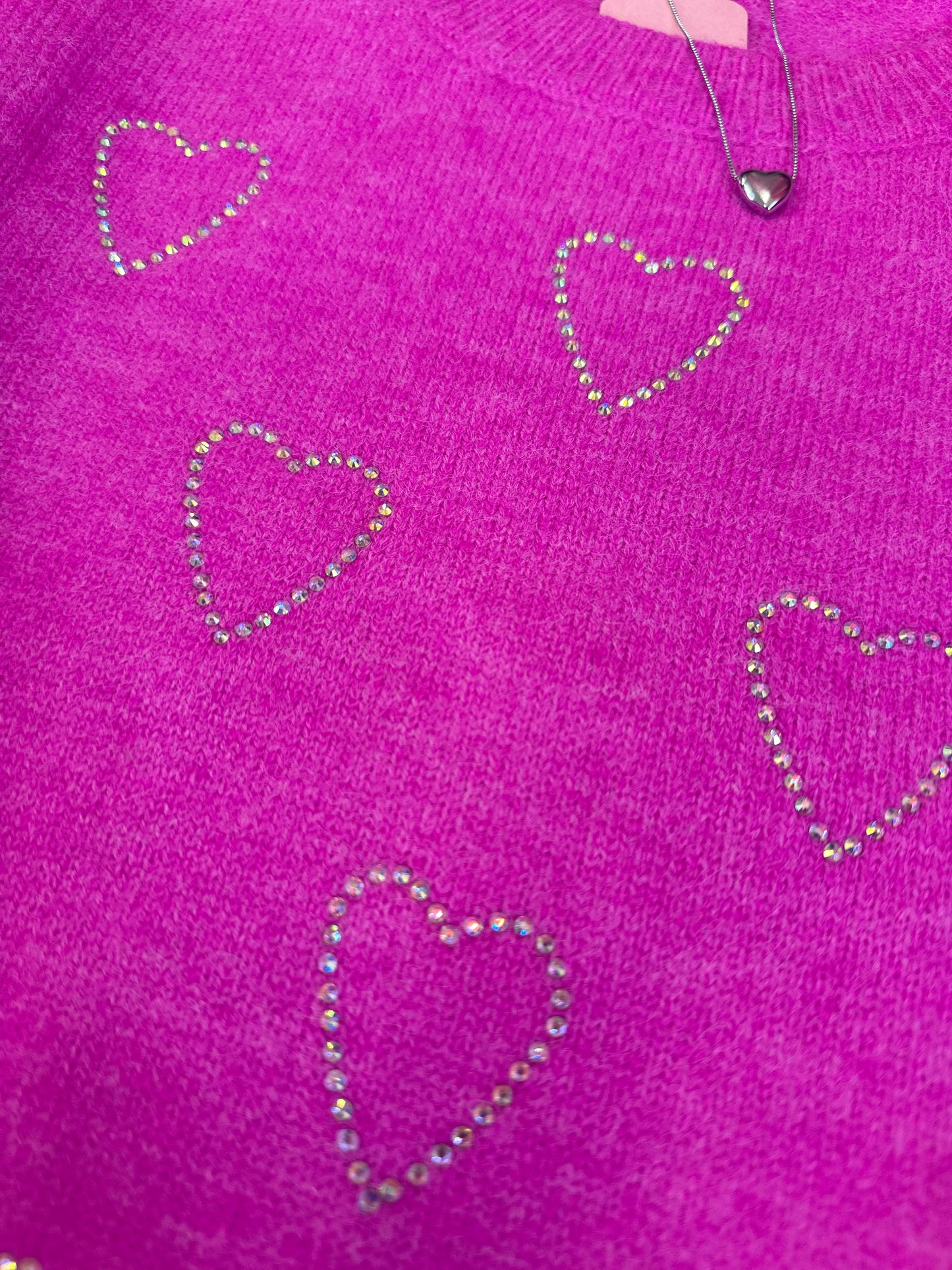 Rhinestone Heart Sweater-Hot Pink