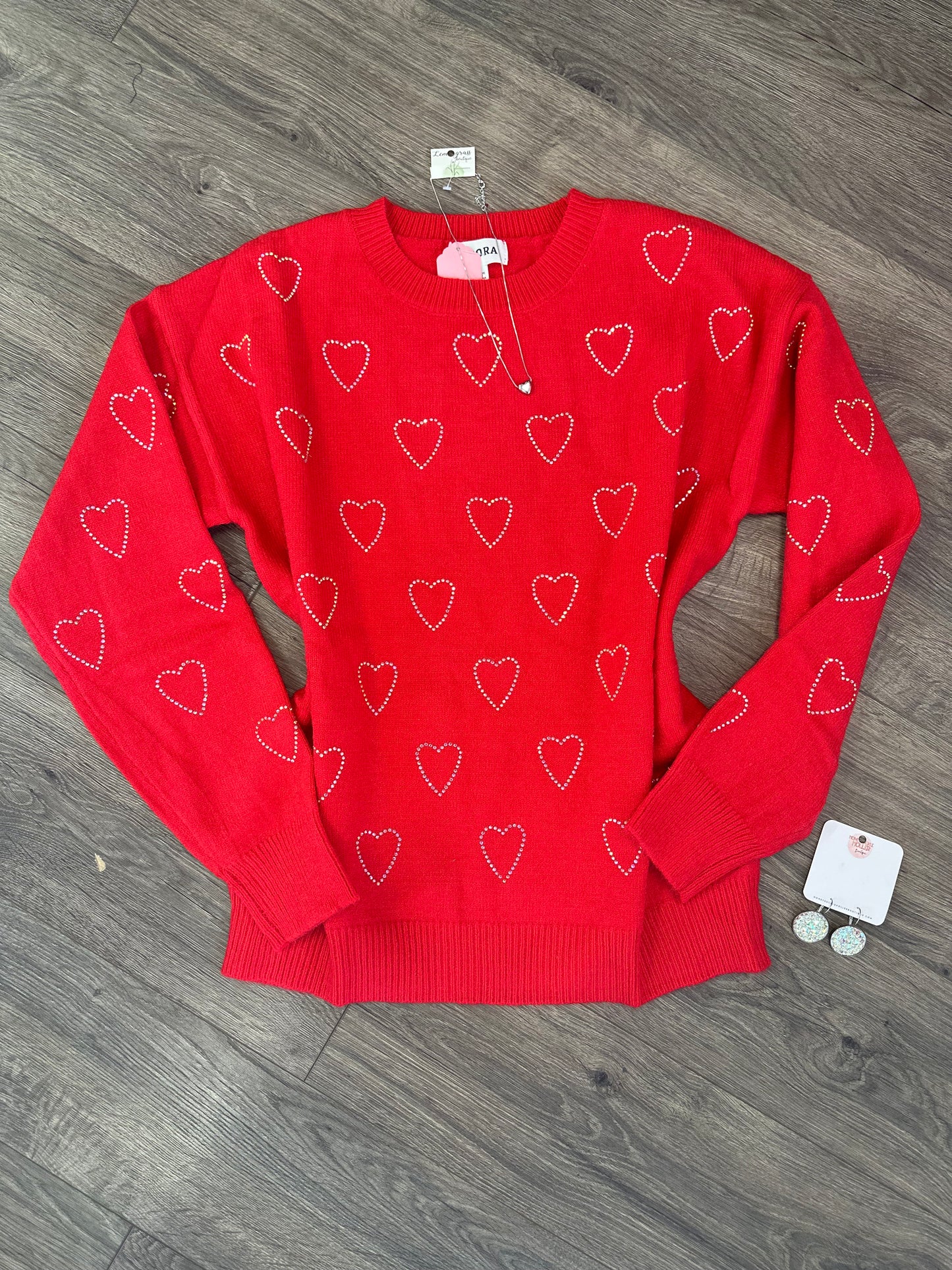 Rhinestone Heart Sweater-Red