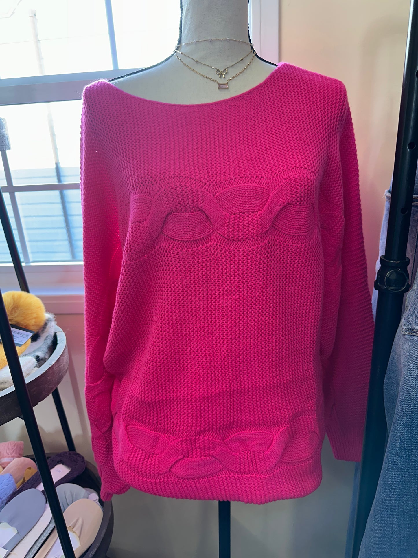 Hot pink cold shoulder sweater