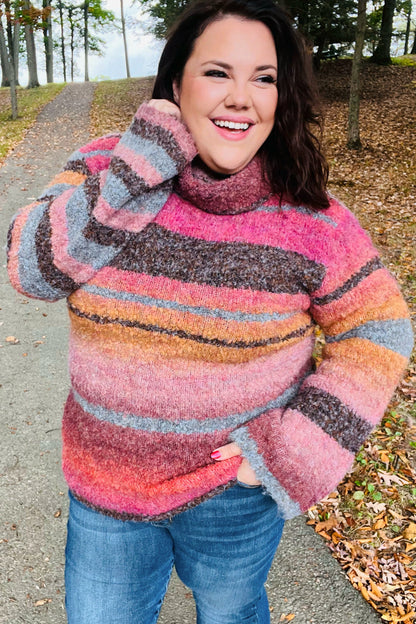 Going My Way Rust & Mustard Stripe Boucle Turtleneck Sweater