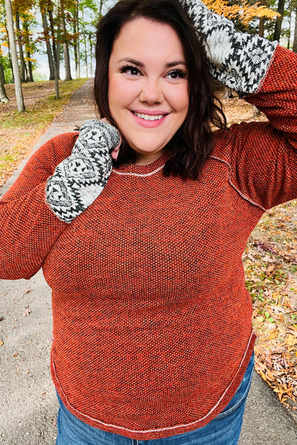 Be Yourself Rust Textured Aztec Outseam Top