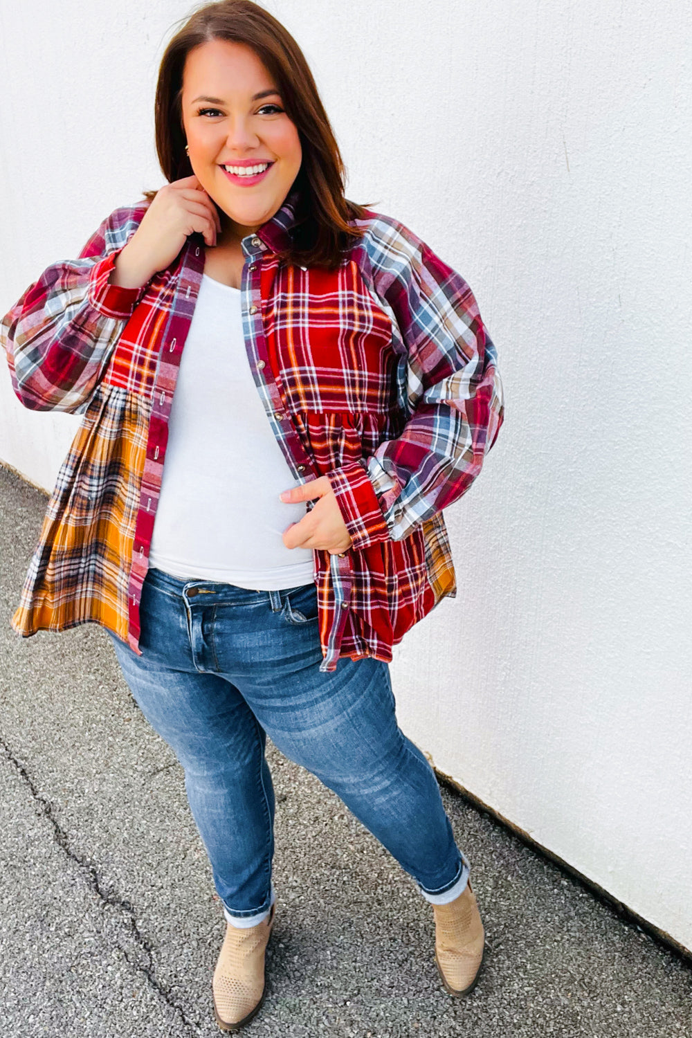 Terracotta & Mustard Plaid Color Block Babydoll Top