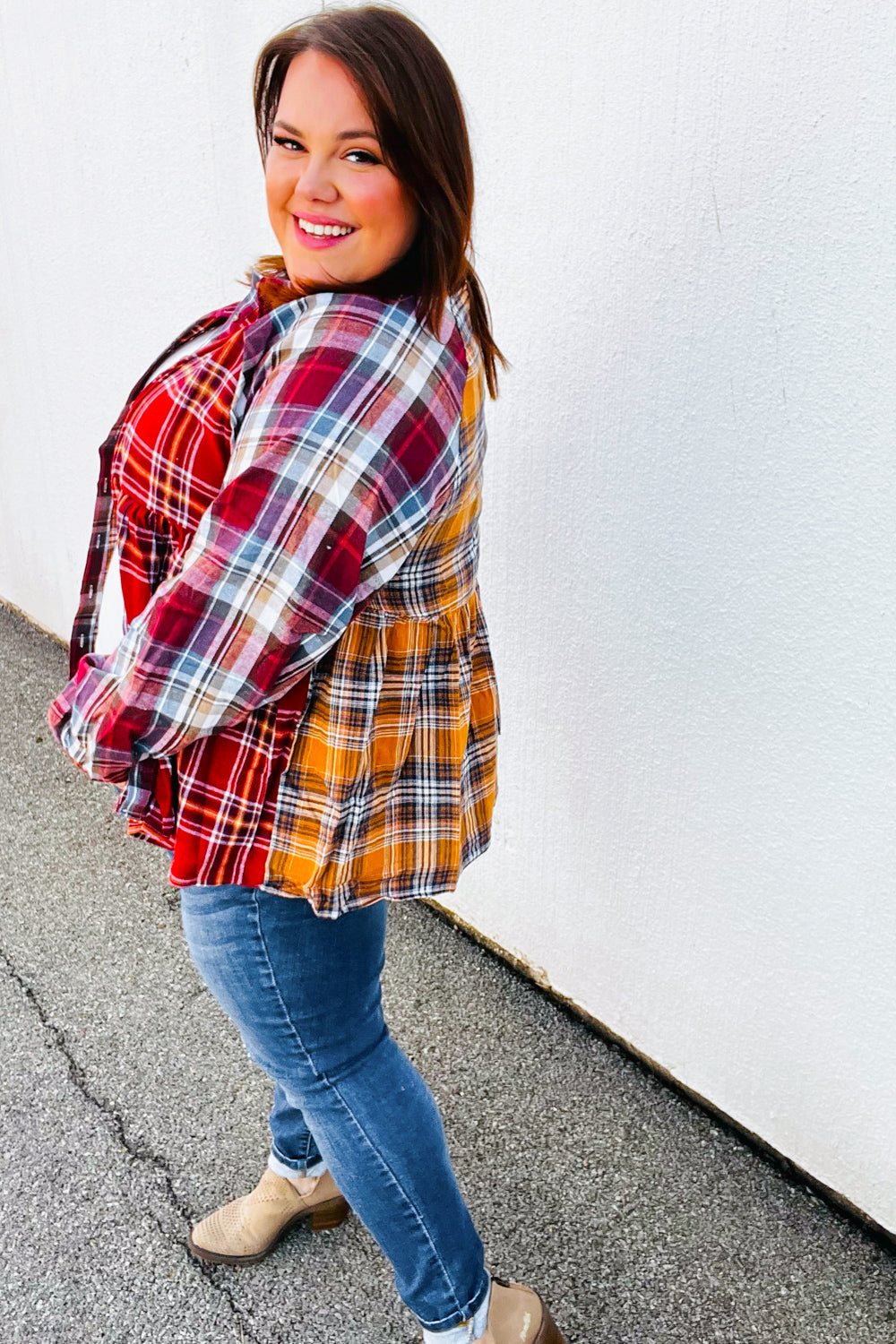 Terracotta & Mustard Plaid Color Block Babydoll Top