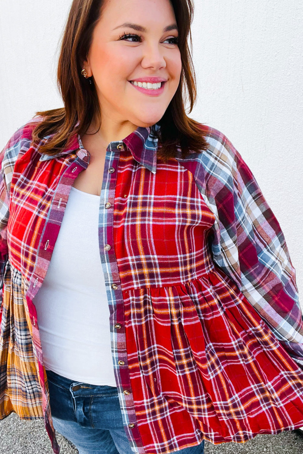 Terracotta & Mustard Plaid Color Block Babydoll Top