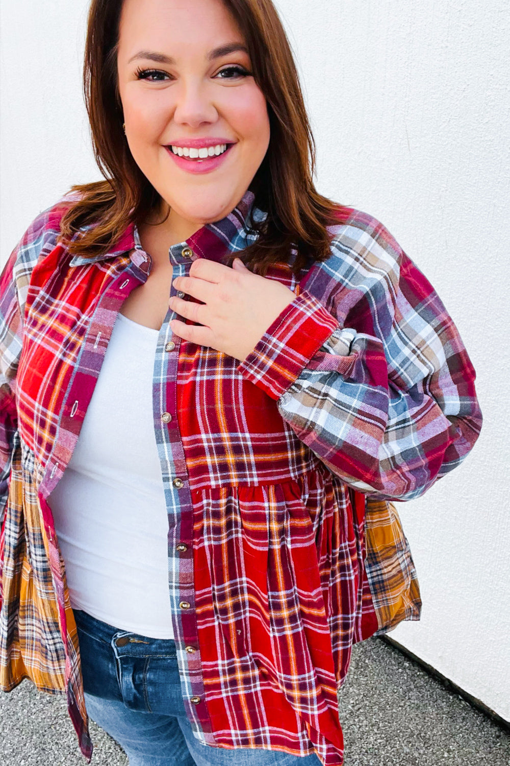 Terracotta & Mustard Plaid Color Block Babydoll Top