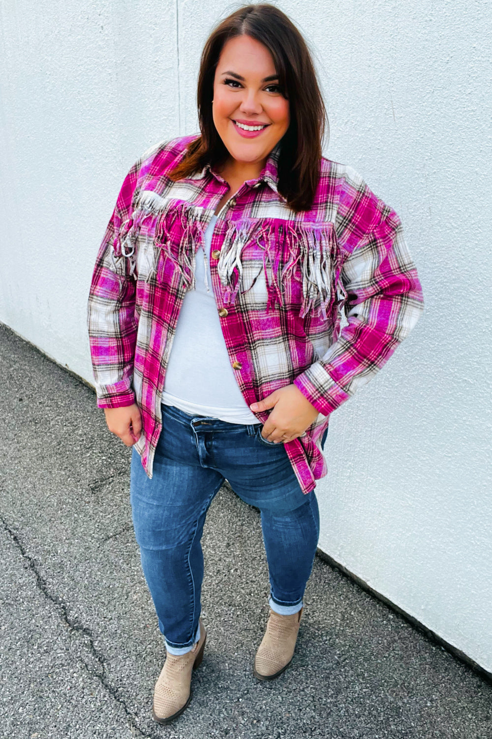 Magenta Plaid Fringe Button Down Shacket