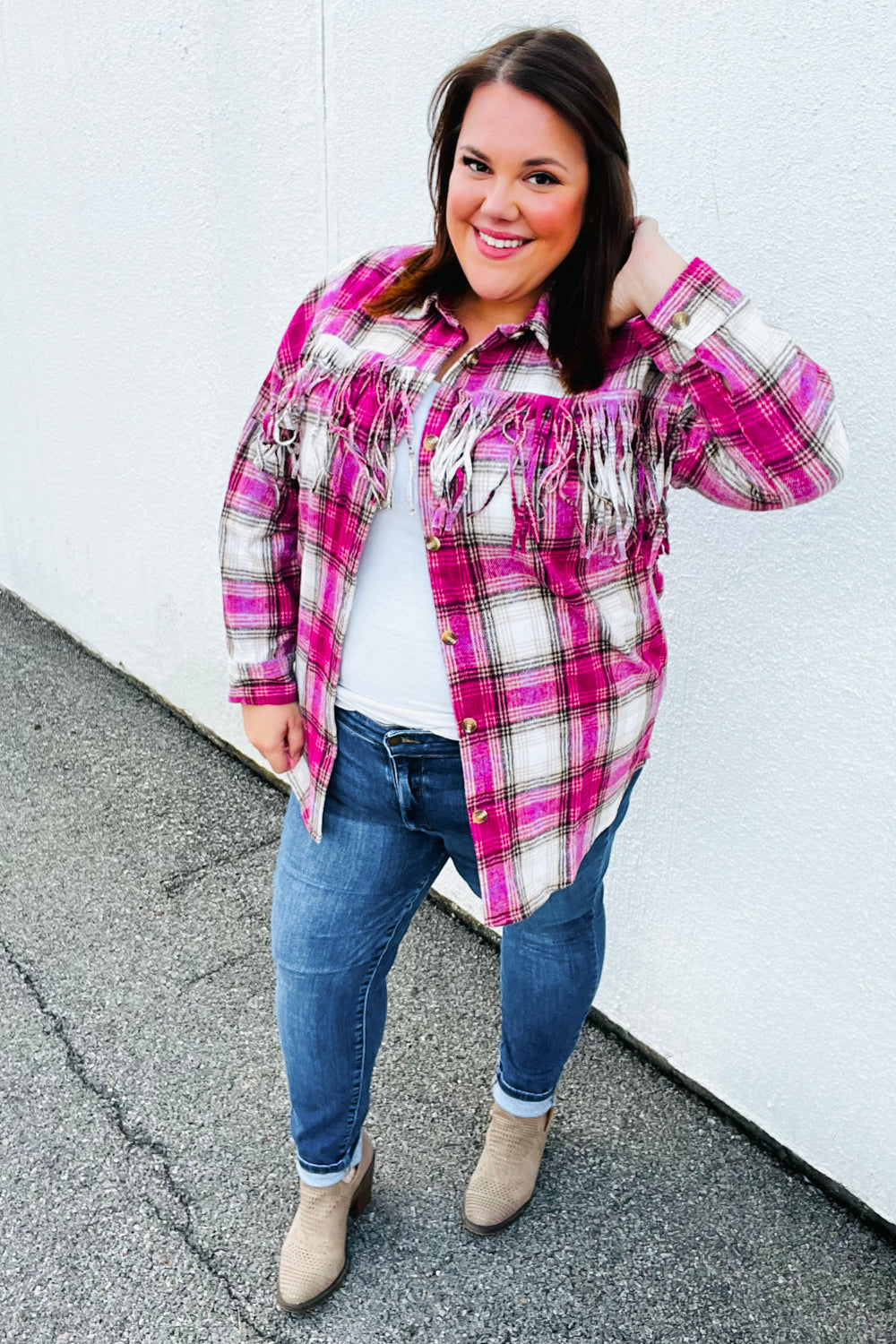 Magenta Plaid Fringe Button Down Shacket