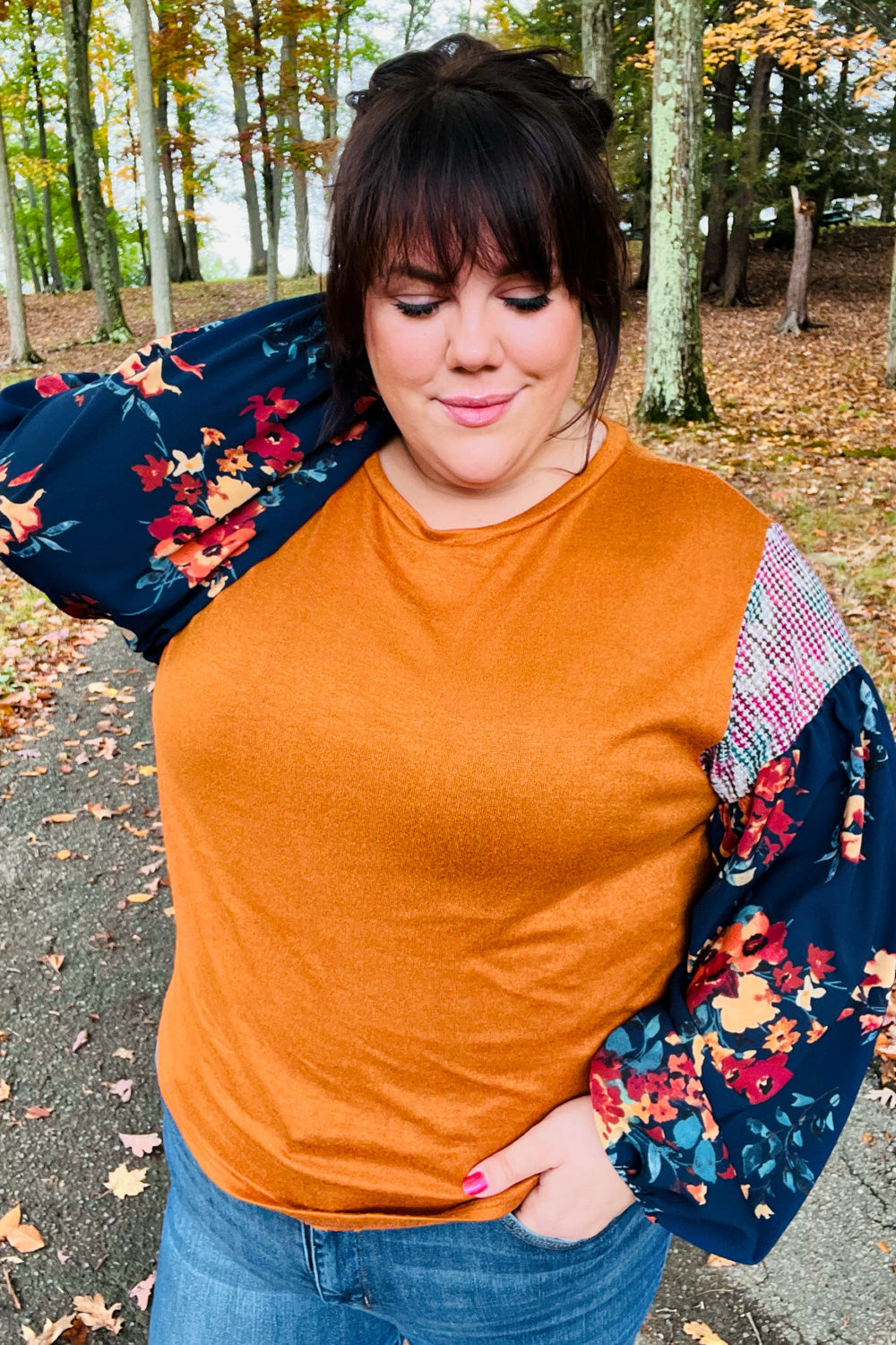 On Your Way Rust & Navy Floral Textured Hacci Top