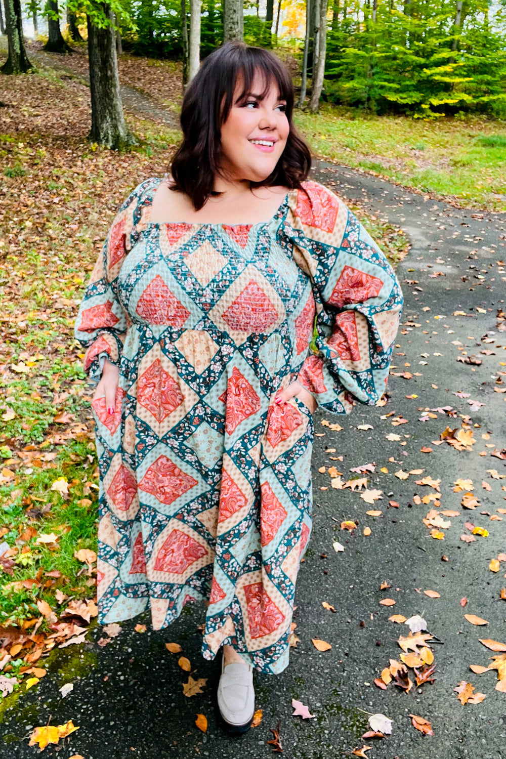 Join Me Later Rust/Teal Boho Smocked Woven Midi Dress