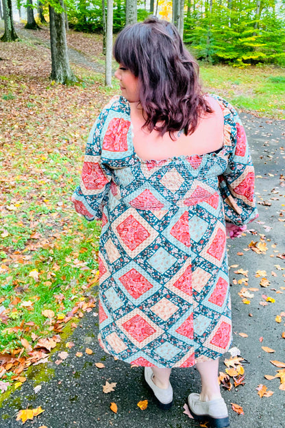 Join Me Later Rust/Teal Boho Smocked Woven Midi Dress