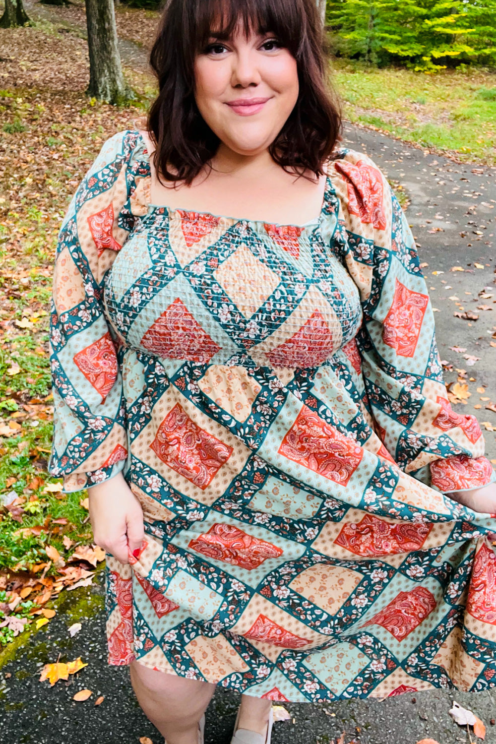 Join Me Later Rust/Teal Boho Smocked Woven Midi Dress