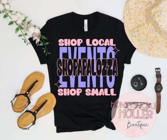 Shop Local Shop Small Pink and Purple Shopapalooza Events on Black Shirt