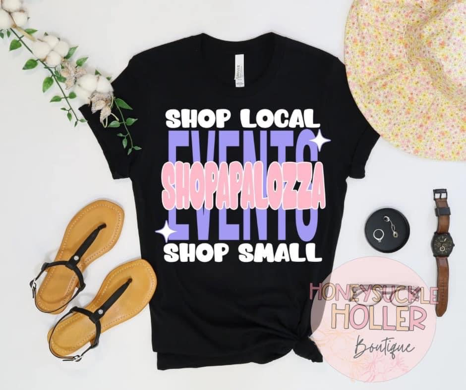 Shop Local Shop Small Pink, Purple and White  Shopapalooza Events on Black Shirt