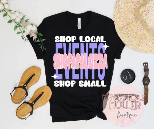 Shop Local Shop Small Pink, Purple and White  Shopapalooza Events on Black Shirt