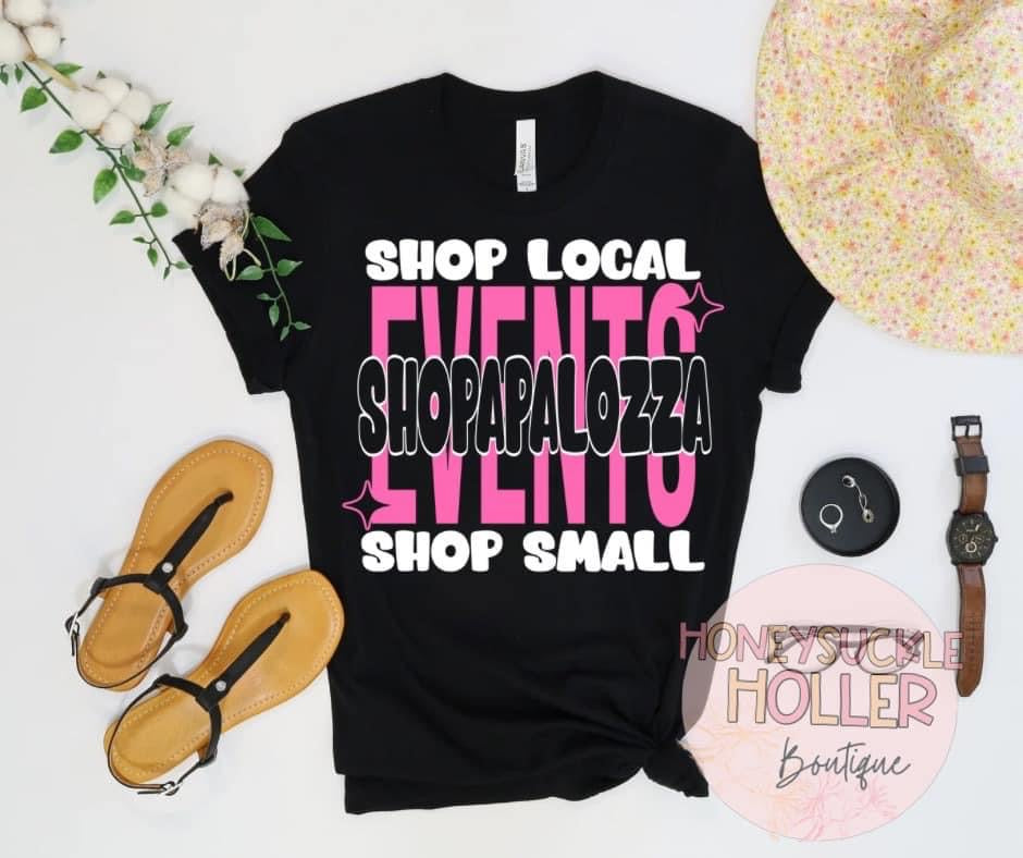 Shop Local Shop Small Black, White and Pink  Shopapalooza Events on Black Shirt